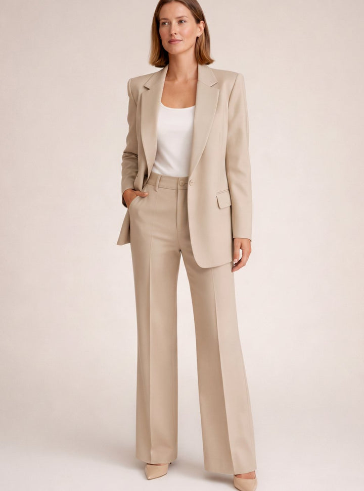 Women's Wide-Leg Blazer Flare-Pant Two-Piece Suit Set - Beige