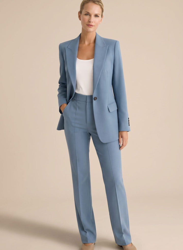 Women's Wide-Leg Blazer Flare-Pant Two-Piece Suit Set - Navy Blue