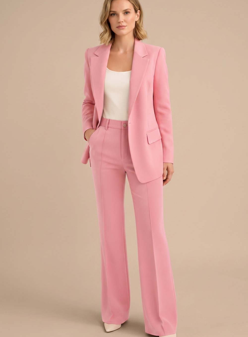 Women's Wide-Leg Blazer Flare-Pant Two-Piece Suit Set - Pink