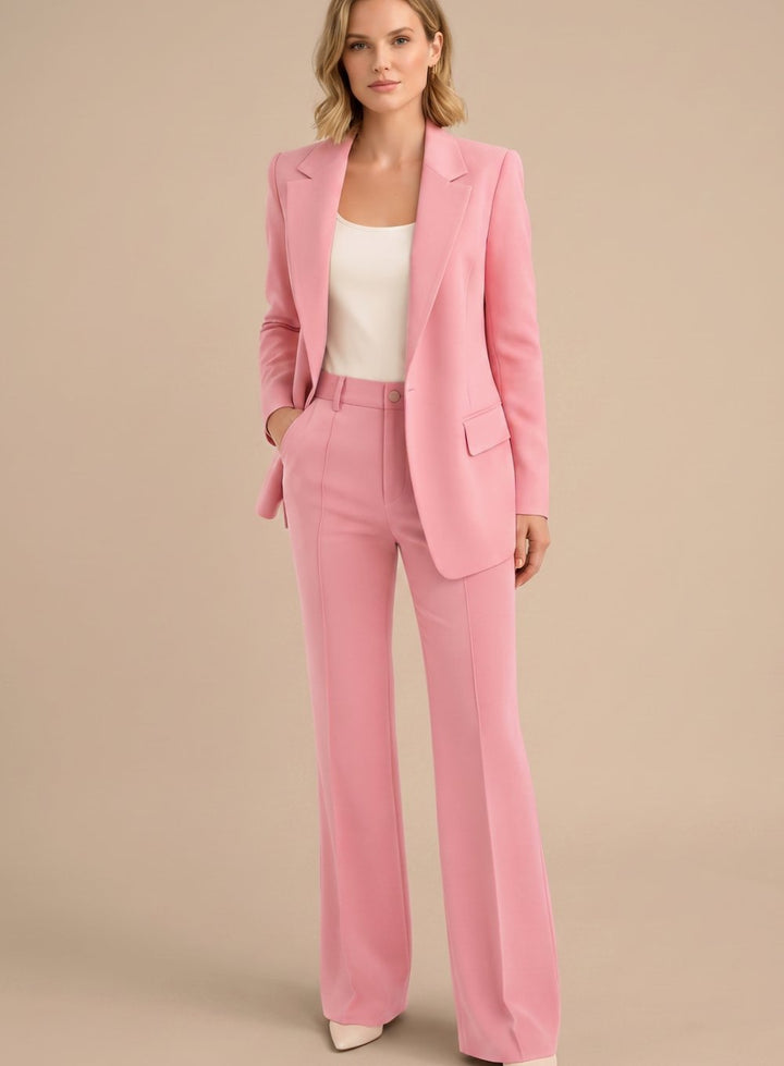Women's Wide-Leg Blazer Flare-Pant Two-Piece Suit Set - Pink