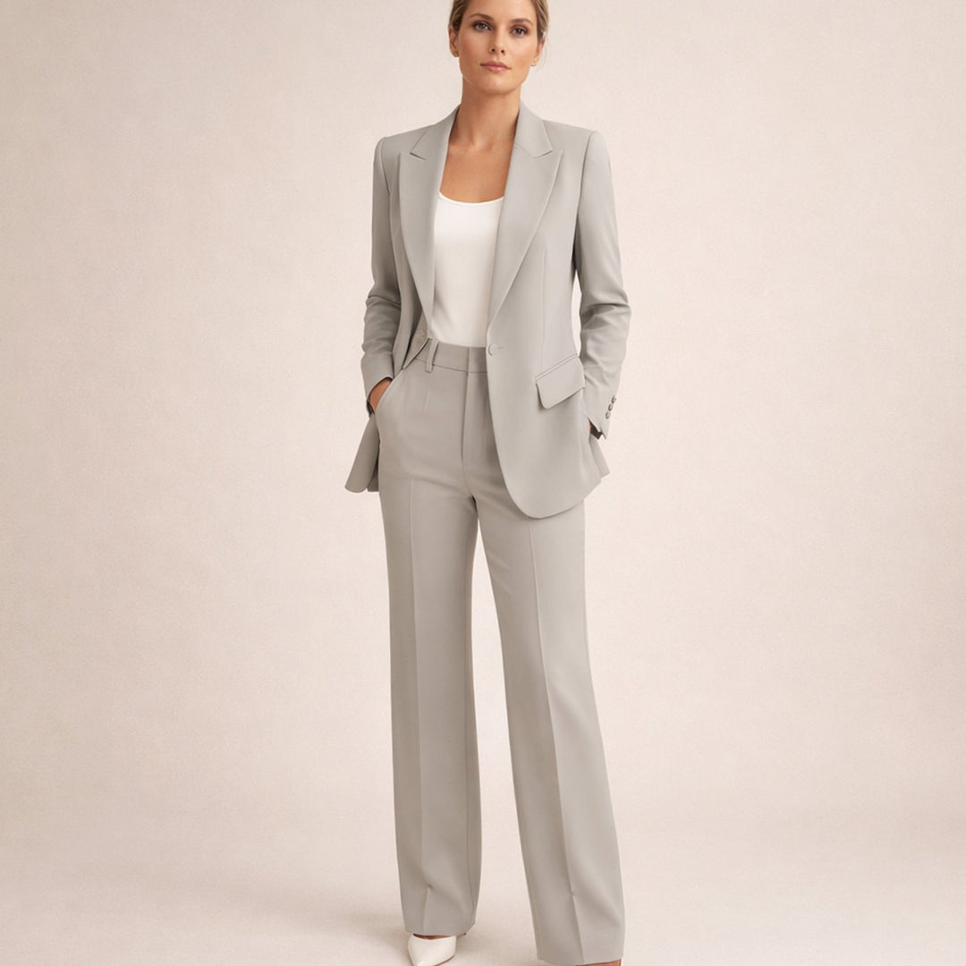 Women's Wide-Leg Blazer Flare-Pant Two-Piece Suit Set - Gray