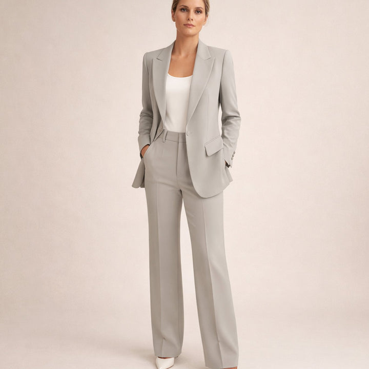 Women's Wide-Leg Blazer Flare-Pant Two-Piece Suit Set - Gray