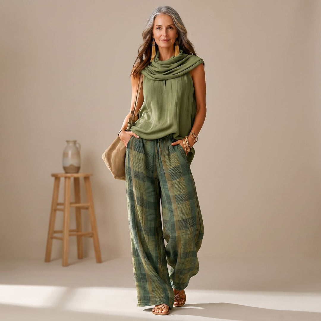 Women's Wide-Leg Plaid Drawstring Two-Piece Loungewear Set