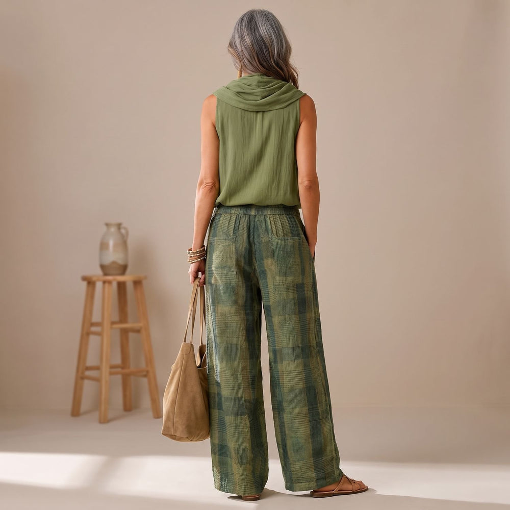 Women's Wide-Leg Plaid Drawstring Two-Piece Loungewear Set