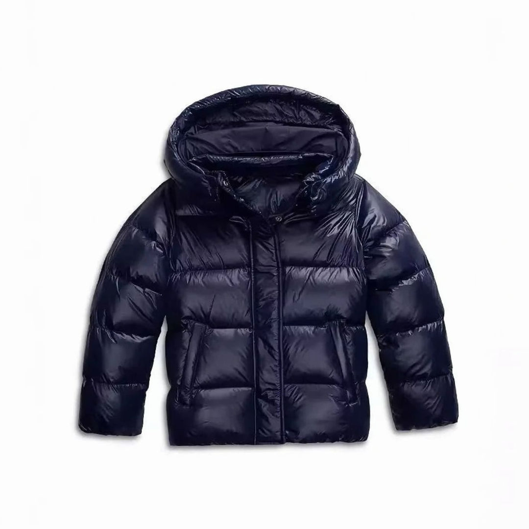 Women's Winter Coat Cropped Hooded Windproof Puffer Jacket - Navy Blue