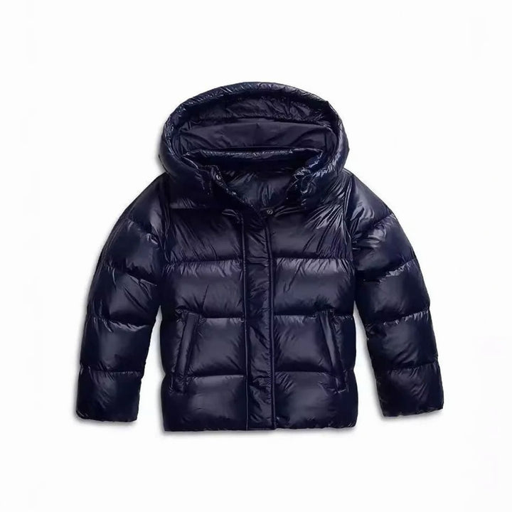 Women's Winter Coat Cropped Hooded Windproof Puffer Jacket - Navy Blue