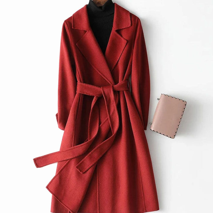 Women's Wool Blend Belted Wrap Coat A-Line Long Silhouette - Burgundy