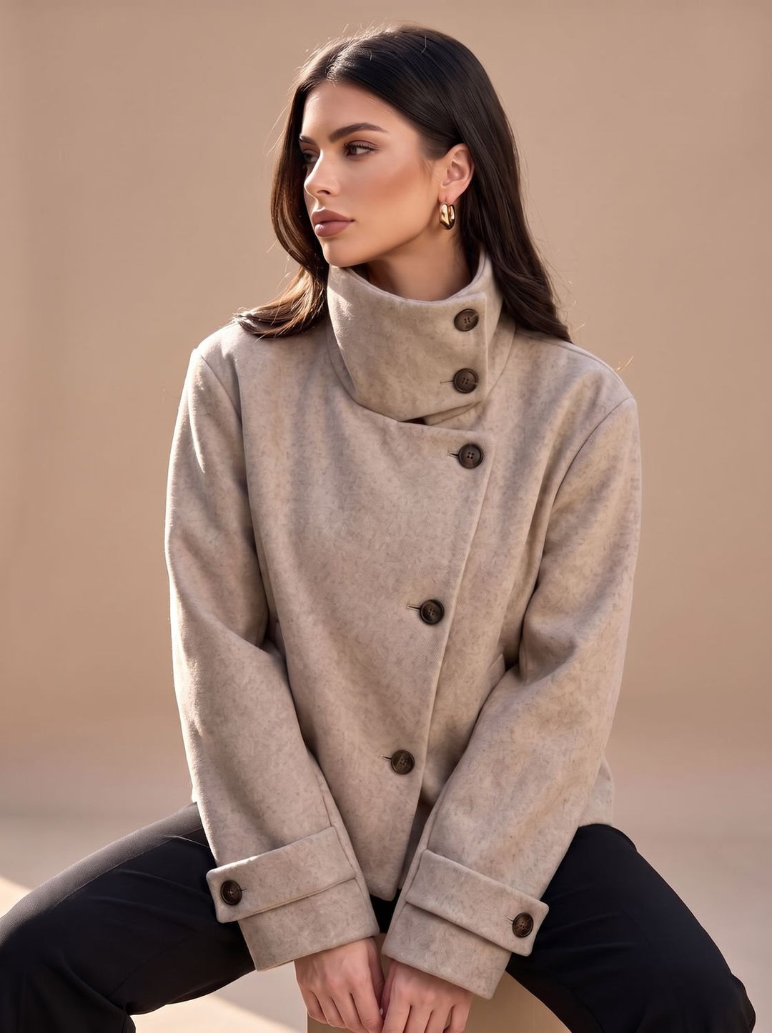 Women's Wool Blend Cropped Stand-Collar Button-Front Coat