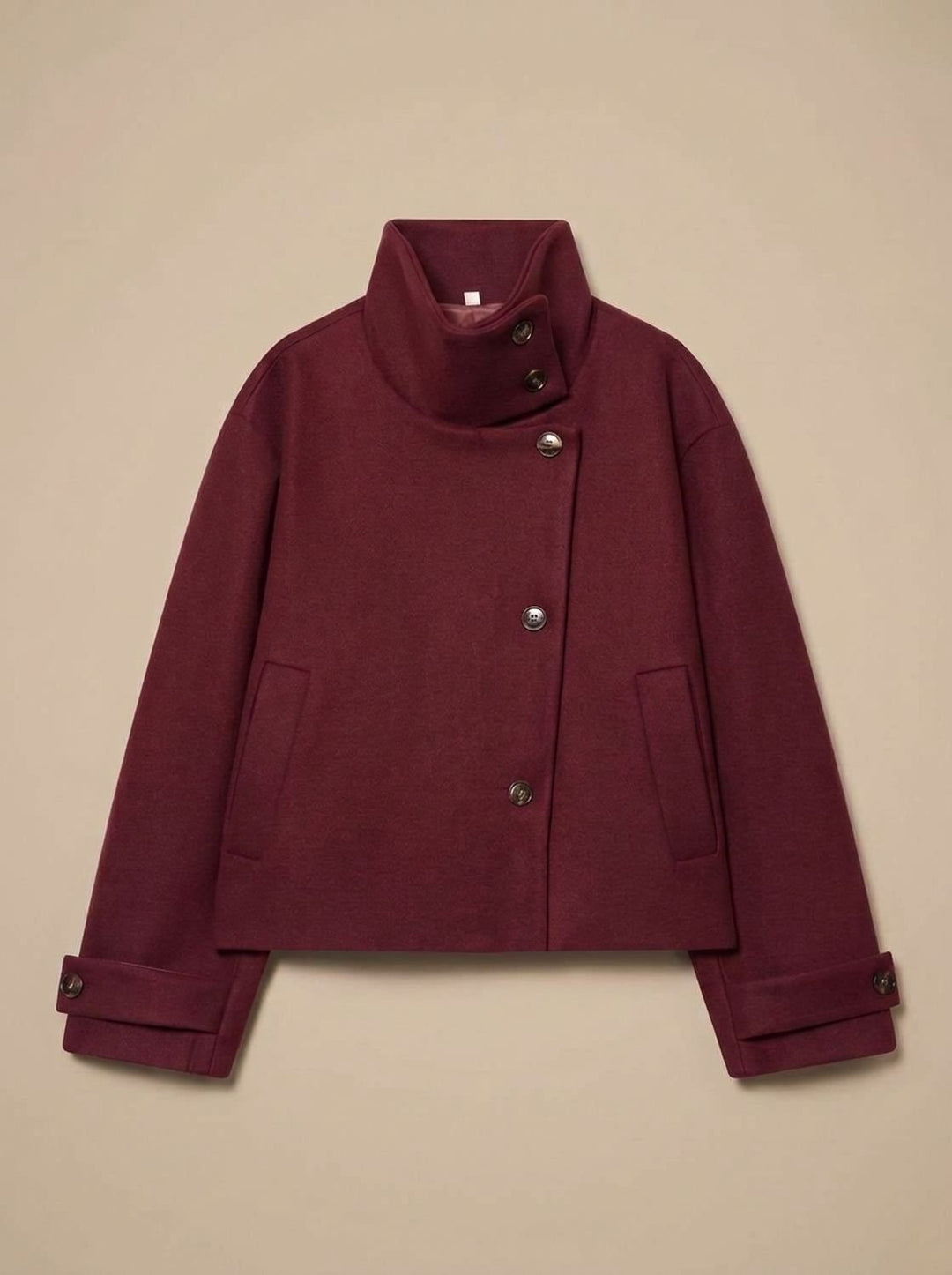 Women's Wool Blend Cropped Stand-Collar Button-Front Coat - Red