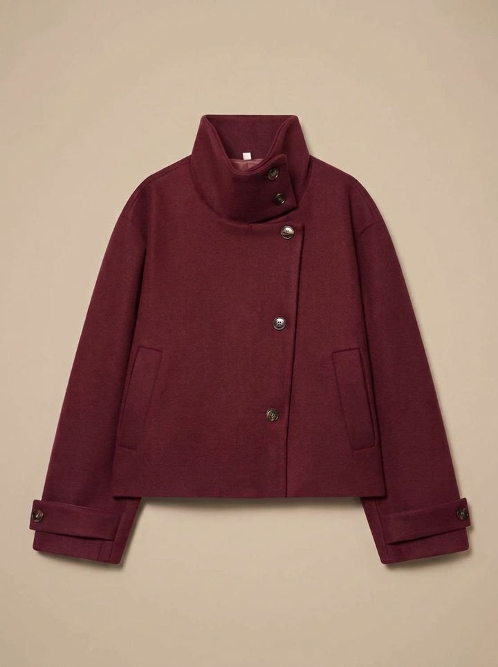 Women's Wool Blend Cropped Stand-Collar Button-Front Coat - Red