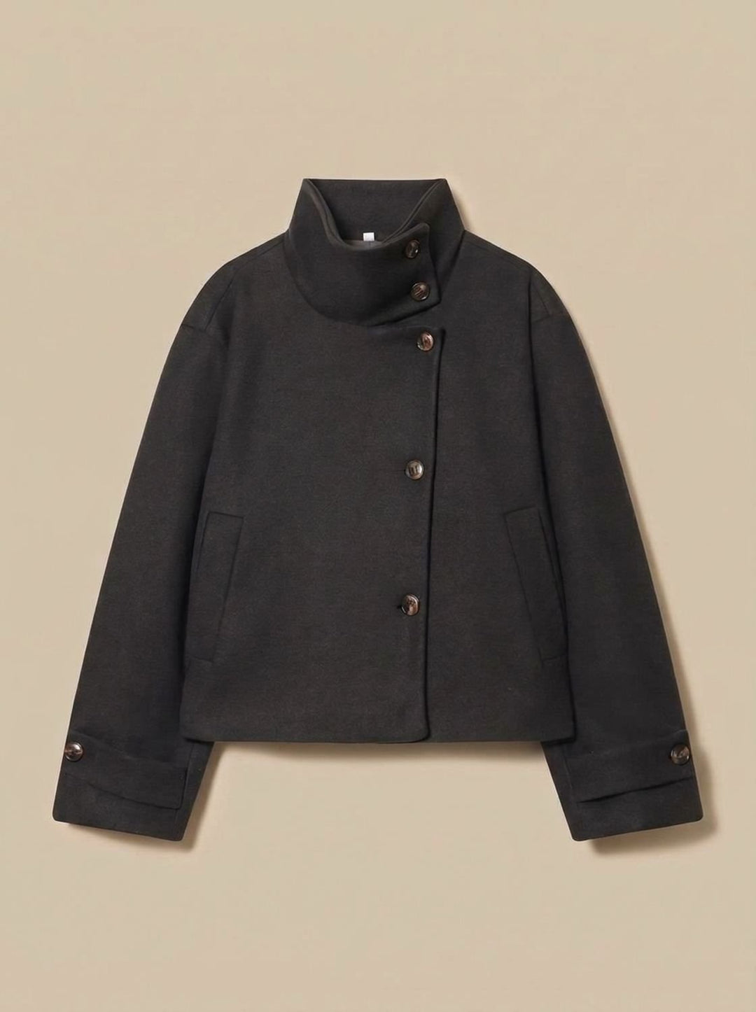 Women's Wool Blend Cropped Stand-Collar Button-Front Coat - Black