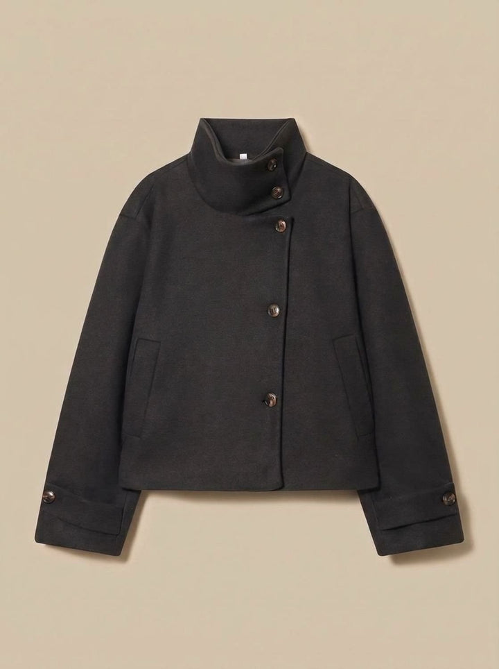 Women's Wool Blend Cropped Stand-Collar Button-Front Coat - Black