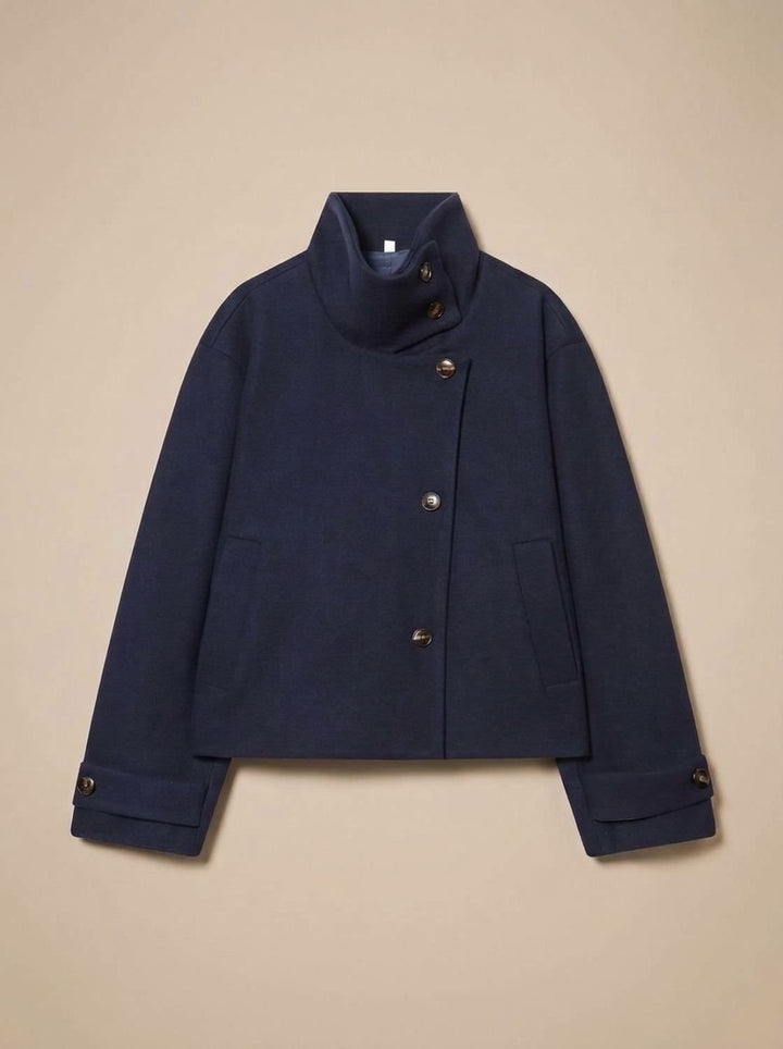 Women's Wool Blend Cropped Stand-Collar Button-Front Coat - Dark Blue