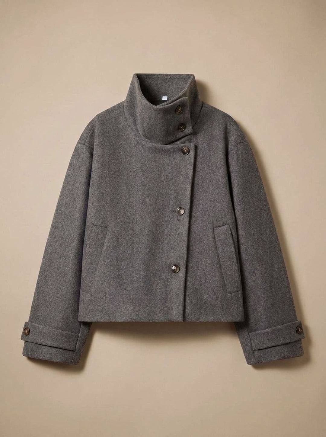Women's Wool Blend Cropped Stand-Collar Button-Front Coat - Gray