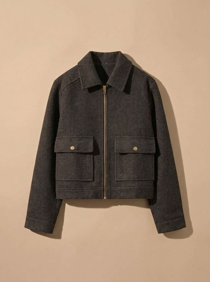 Women's Wool Blend Cropped Stand-Collar Button-Front Coat - Gray Black