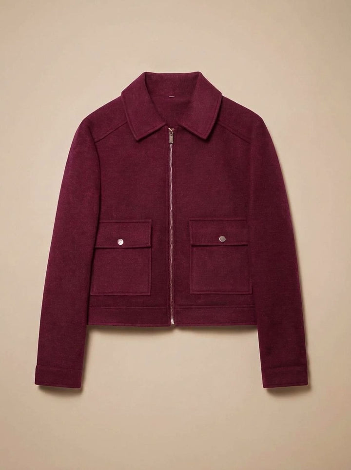 Women's Wool Blend Cropped Stand-Collar Button-Front Coat - Burgundy