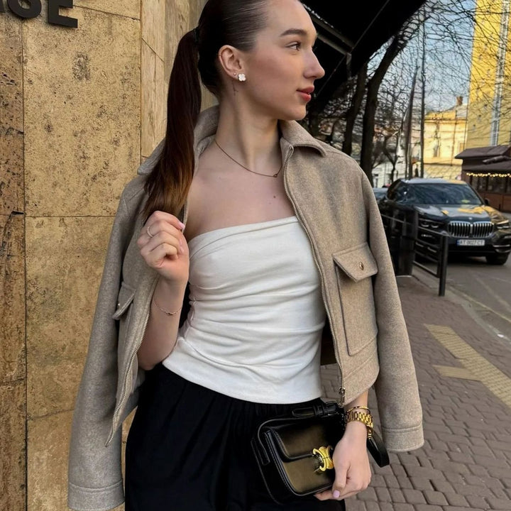 Women's Wool Bomber Jacket Zippered Cropped Collared Coat