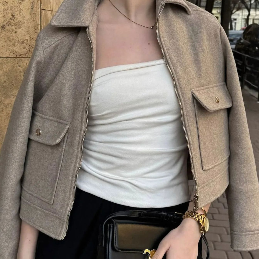Women's Wool Bomber Jacket Zippered Cropped Collared Coat