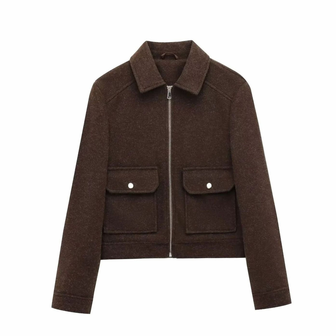 Women's Wool Bomber Jacket Zippered Cropped Collared Coat - Brown