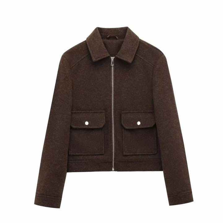 Women's Wool Bomber Jacket Zippered Cropped Collared Coat - Brown