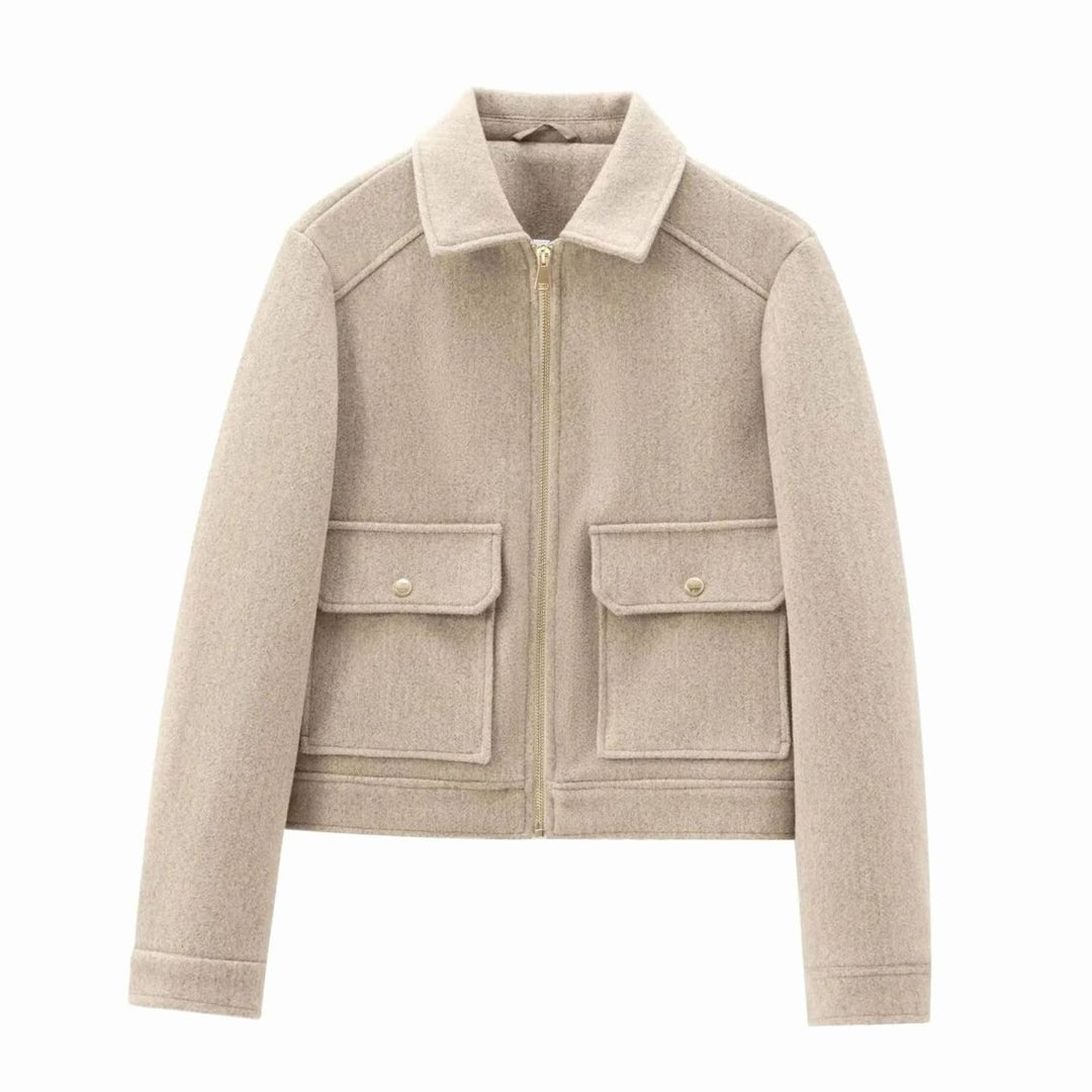 Women's Wool Bomber Jacket Zippered Cropped Collared Coat - Khaki