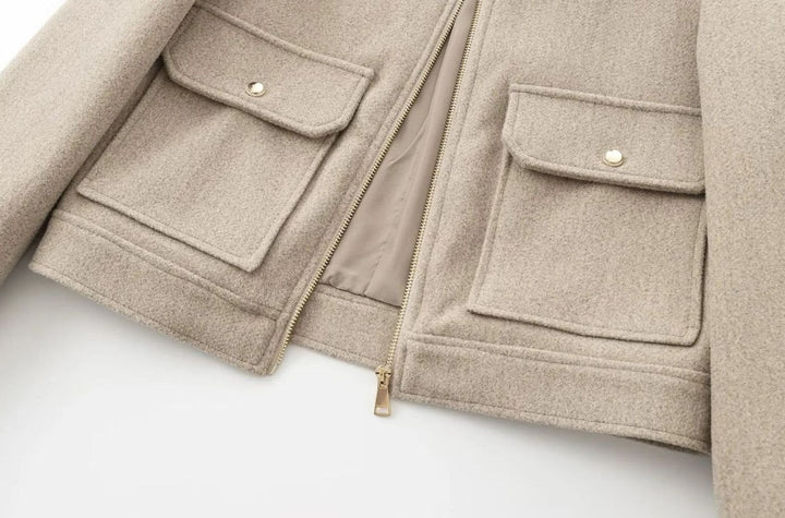 Women's Wool Bomber Jacket Zippered Cropped Collared Coat