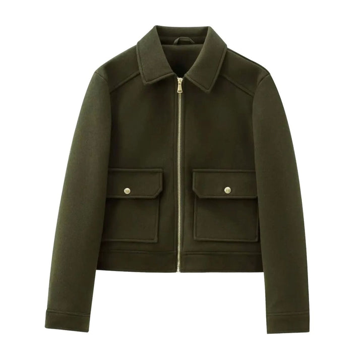 Women's Wool Bomber Jacket Zippered Cropped Collared Coat - Green
