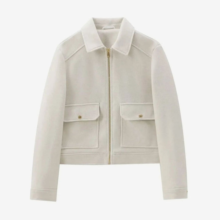 Women's Wool Bomber Jacket Zippered Cropped Collared Coat - White
