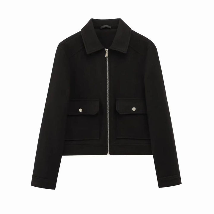 Women's Wool Bomber Jacket Zippered Cropped Collared Coat - Black