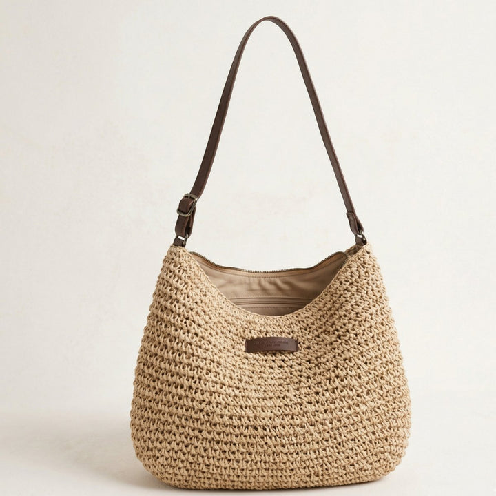 Women's Woven Raffia Zip-Top Adjustable-Strap Hobo Shoulder Bag