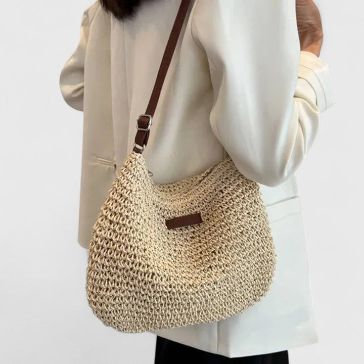 Women's Woven Raffia Zip-Top Adjustable-Strap Hobo Shoulder Bag