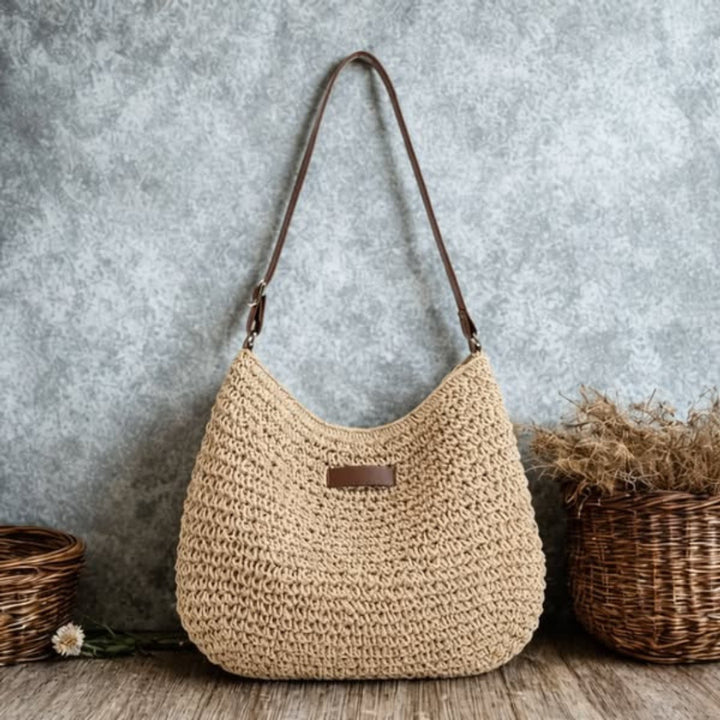 Women's Woven Raffia Zip-Top Adjustable-Strap Hobo Shoulder Bag - Beige