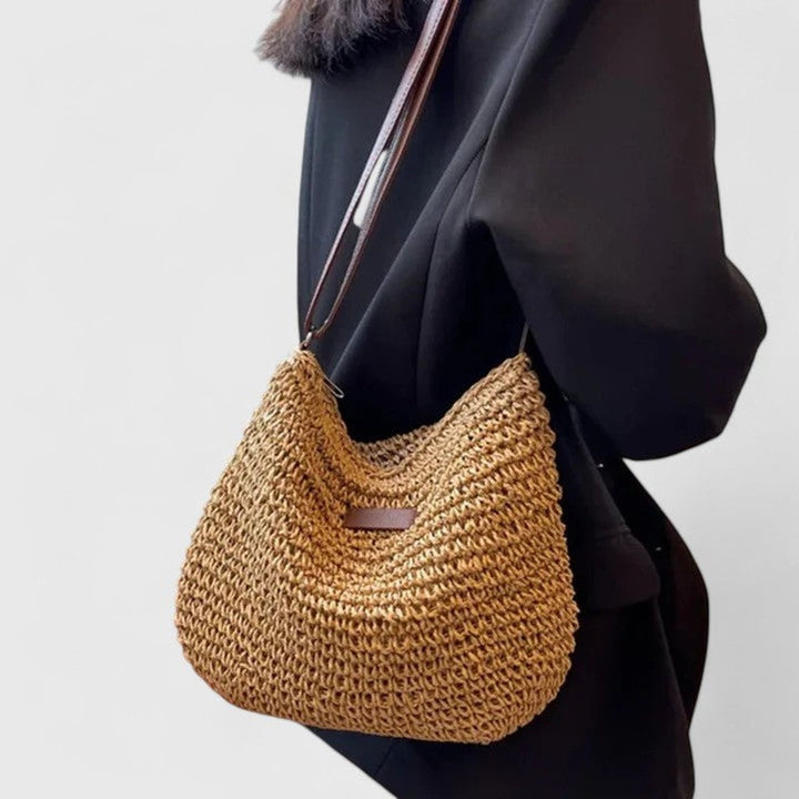 Women's Woven Raffia Zip-Top Adjustable-Strap Hobo Shoulder Bag