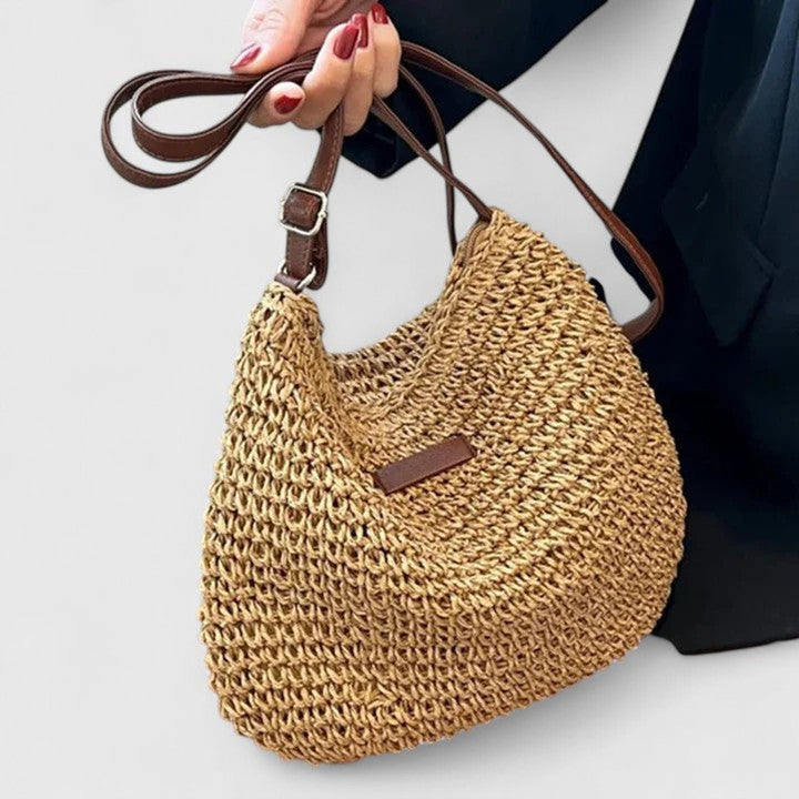 Women's Woven Raffia Zip-Top Adjustable-Strap Hobo Shoulder Bag - Khaki