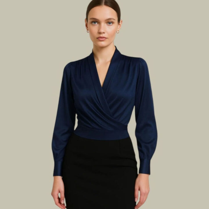 Women's Wrap-Front Long-Sleeve V-Neck Satin Blouses - Navy Blue
