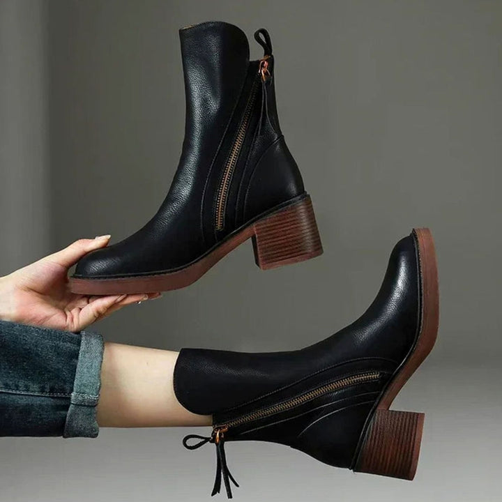 Women's Zip-Up Block Heel Boots Faux Leather Ankle - Black