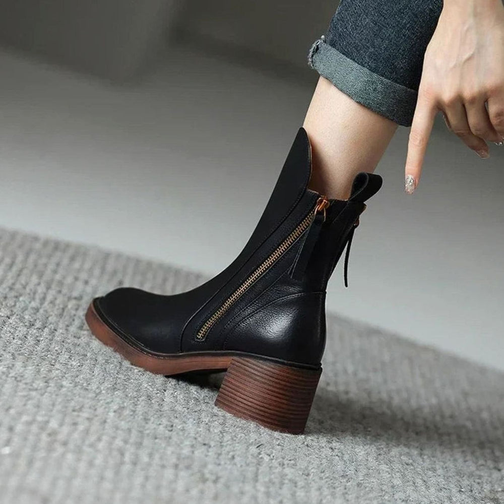 Women's Zip-Up Block Heel Boots Faux Leather Ankle