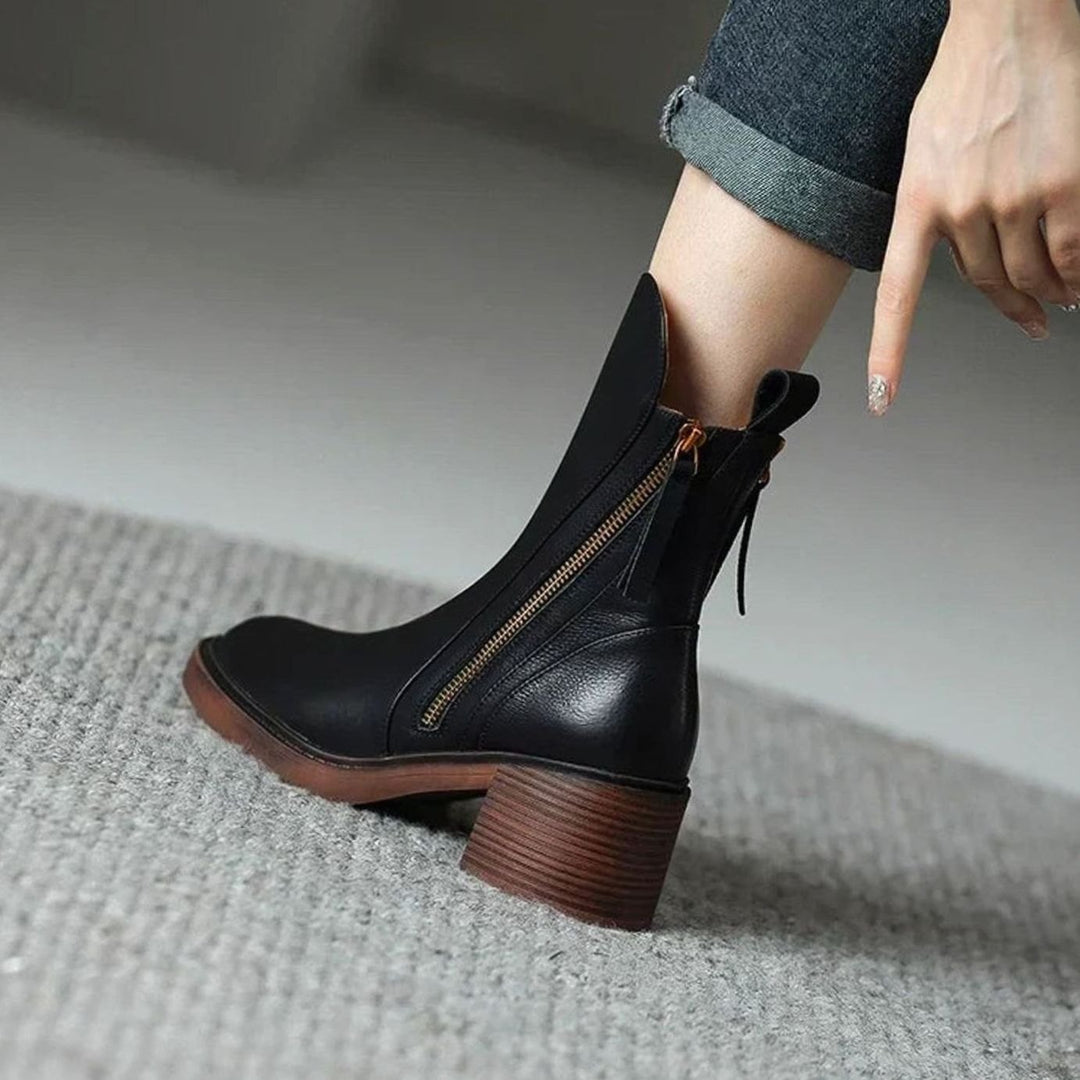 Women's Zip-Up Block Heel Boots Faux Leather Ankle