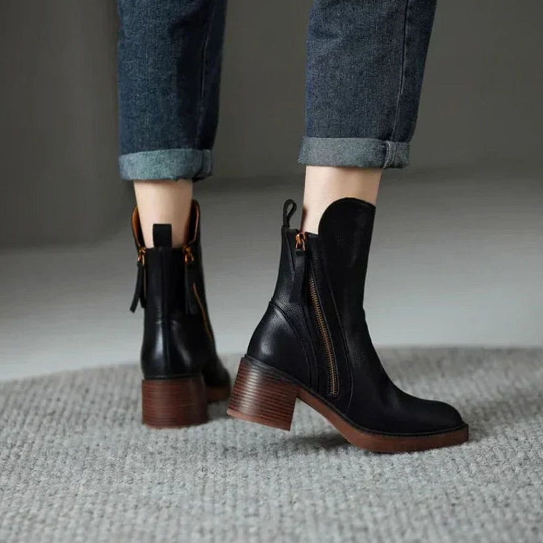 Women's Zip-Up Block Heel Boots Faux Leather Ankle