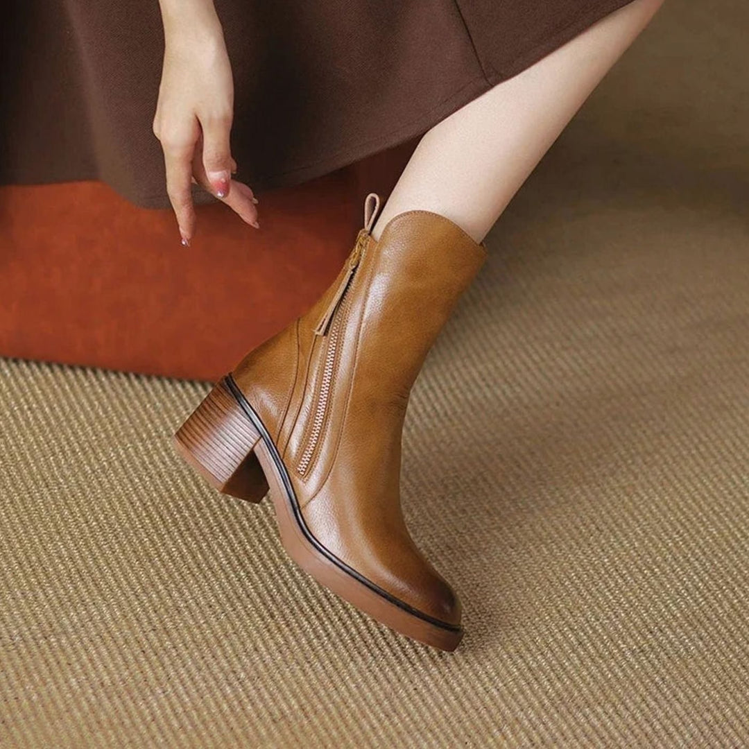Women's Zip-Up Block Heel Boots Faux Leather Ankle
