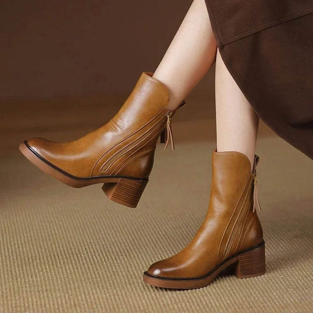 Women's Zip-Up Block Heel Boots Faux Leather Ankle - Brown