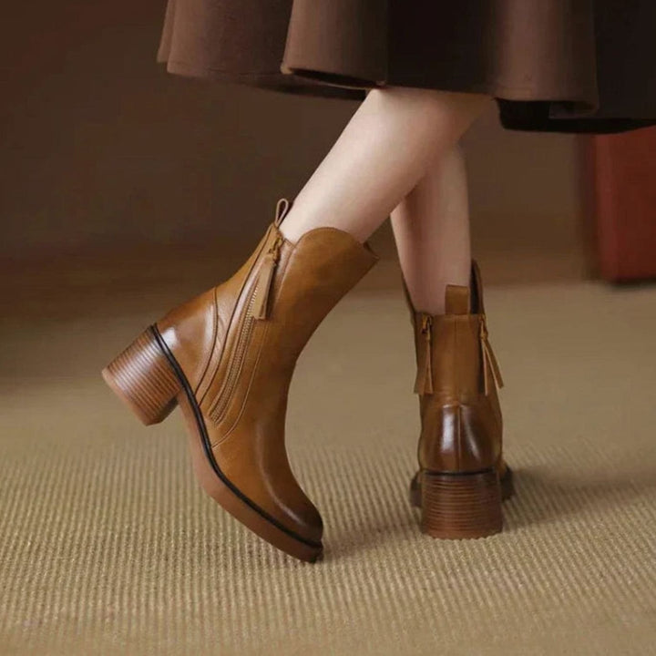 Women's Zip-Up Block Heel Boots Faux Leather Ankle