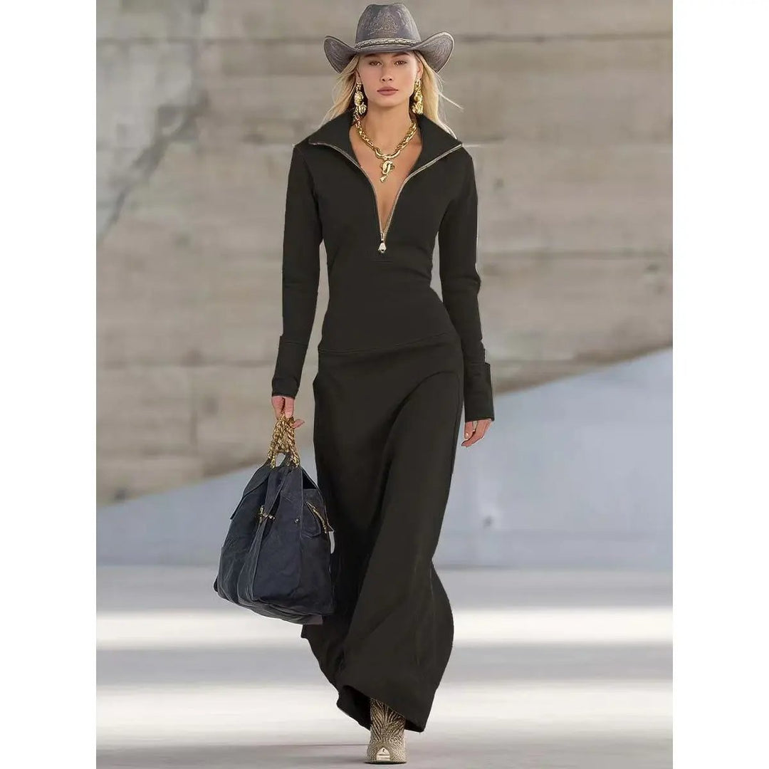 Women's Zip-Up Collared Maxi Long Sleeve Dress - Black