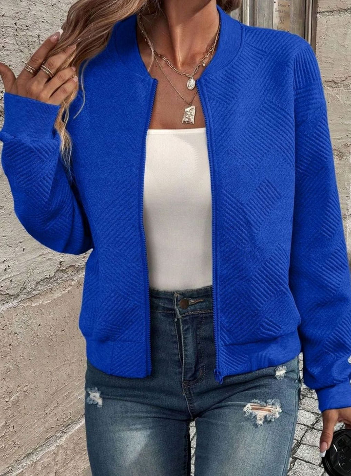 Women's Zip-Up Long Sleeve Cardigan Textured Knit Bomber Jacket - Blue