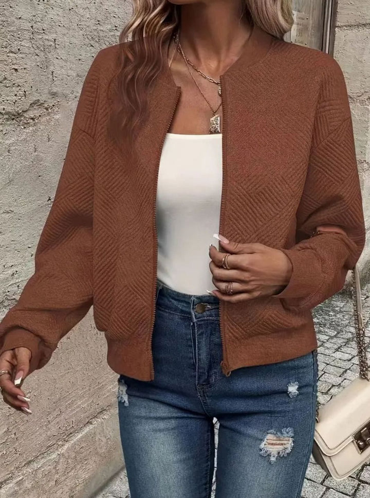 Women's Zip-Up Long Sleeve Cardigan Textured Knit Bomber Jacket